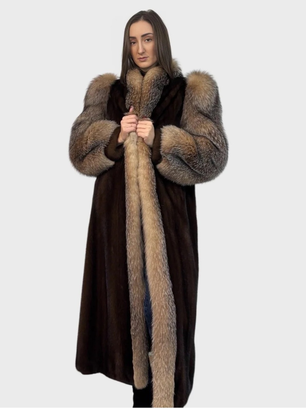 Luxurious Vintage Mahogany Full-Length Mink Fur Coat with Crystal Fox Trim